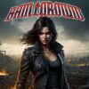 Phantom Clone Battleground album banner featuring a fierce female rock warrior standing amid burning ruins beneath stormy skies, symbolising strength and rebellion.