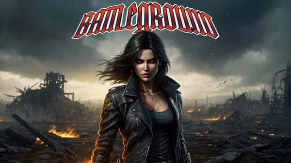 Phantom Clone Battleground album banner featuring a fierce female rock warrior standing amid burning ruins beneath stormy skies, symbolising strength and rebellion.