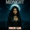 Phantom Clone Midnight album banner featuring a dark-haired female rock singer standing before a glowing full moon above a misty city skyline, symbolising love, strength, and serenity in the night.