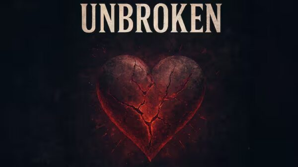 Phantom Clone Unbroken album banner featuring a cracked but glowing red heart symbolising strength, healing, and unbreakable love.