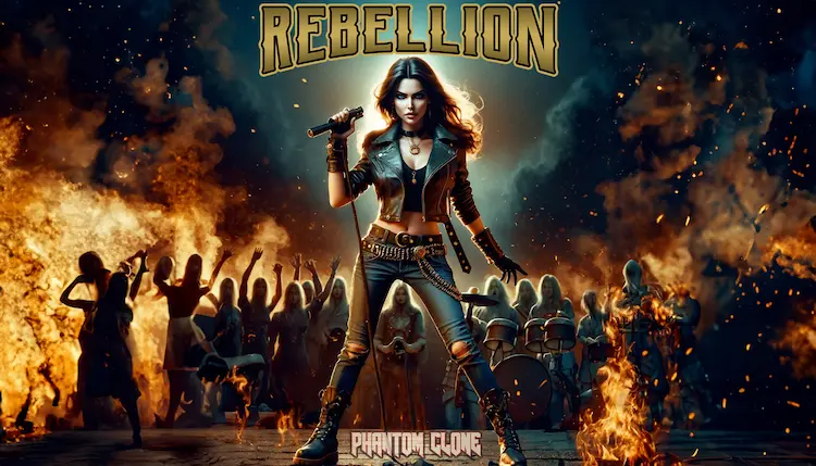 Phantom Clone Rebellion album banner featuring fiery rock imagery symbolising power, freedom, and defiance.